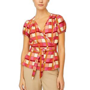 Banana Republic Pink Orange Ivory Check Print Silk SS Wrap Blouse Size S Petite